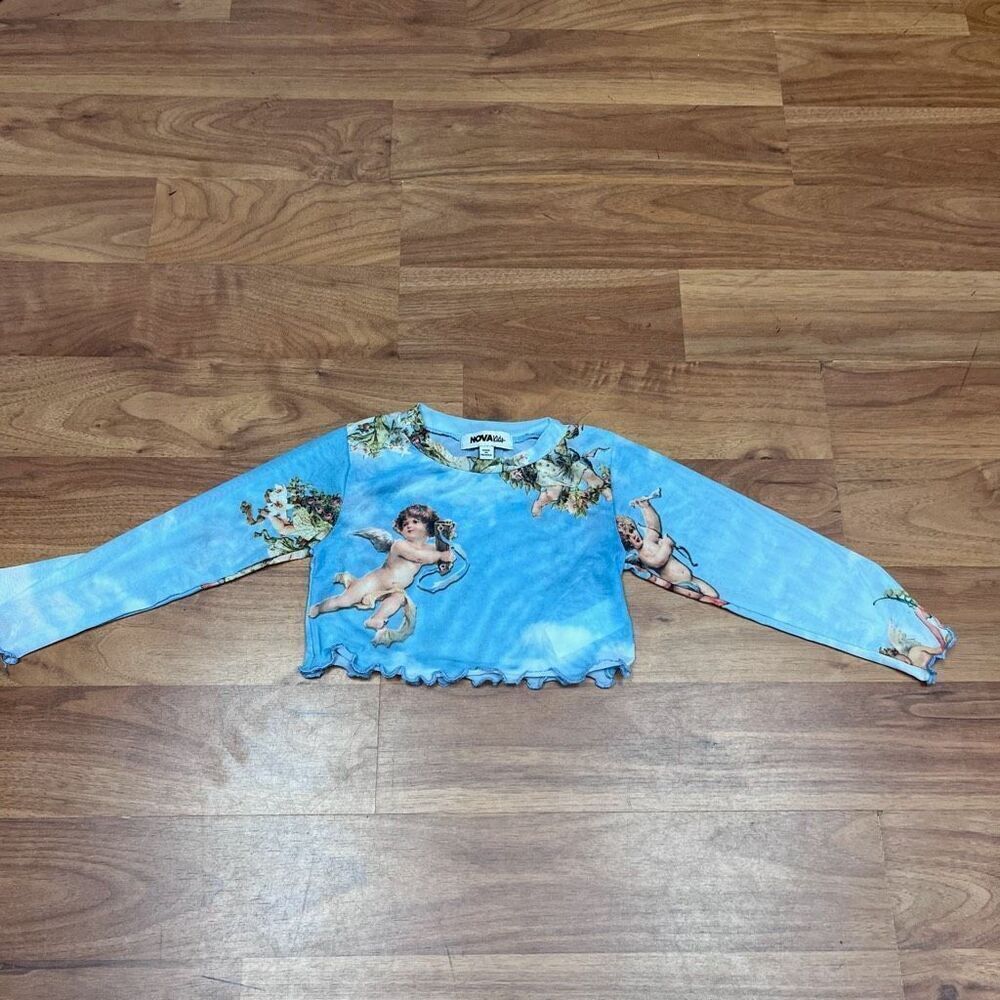 Nova Kids Girls Angel Lettuce Edge Trim Long Sleeve Crop Top Blue Size 2T - Picture 3 of 9